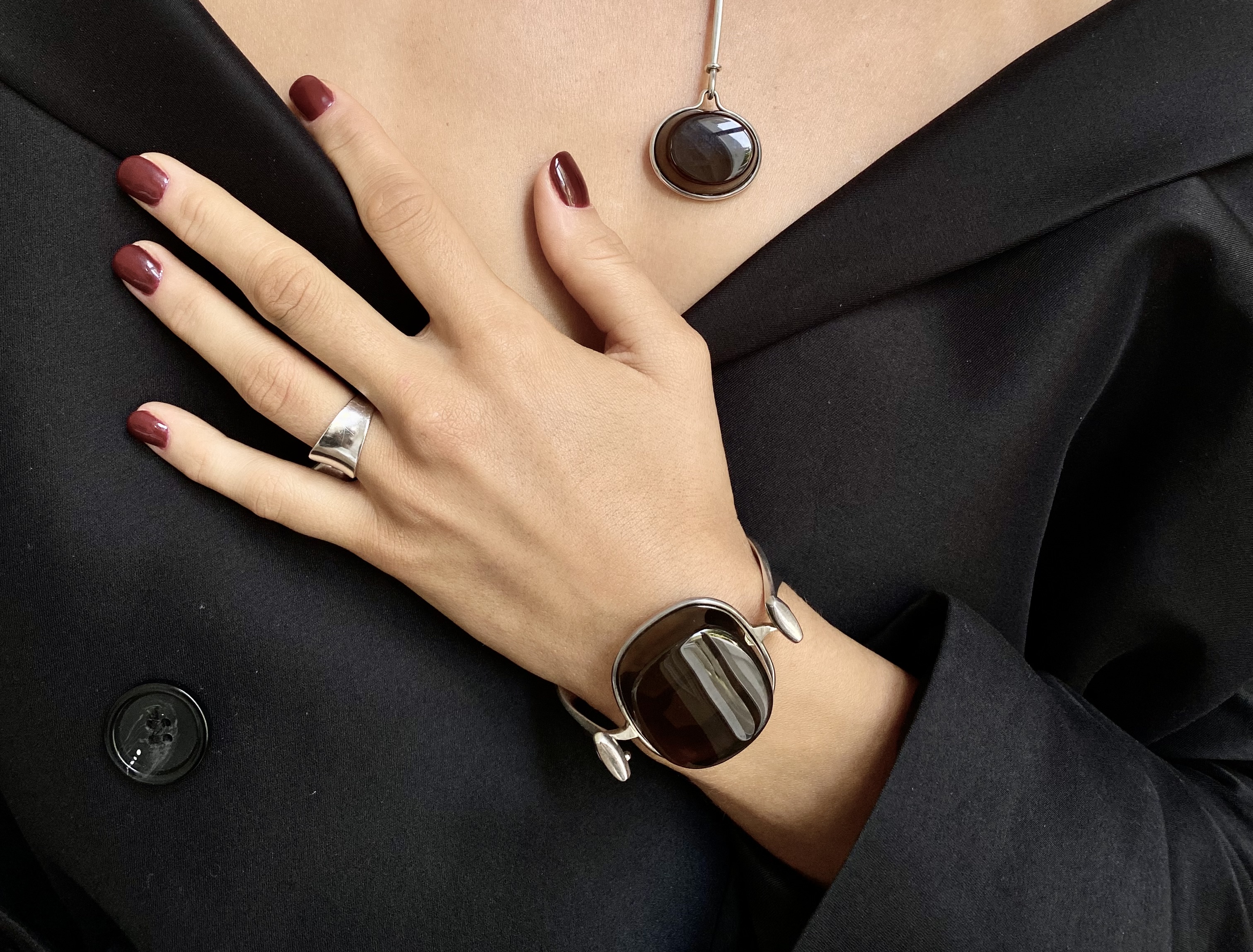 Bangle Designed by Vivianna Torun Bulow- Hube for Georg Jensen Denmark c.1960 Sterling Silver with Square Smokey Quartz stone design No 203 at Grasilver.com